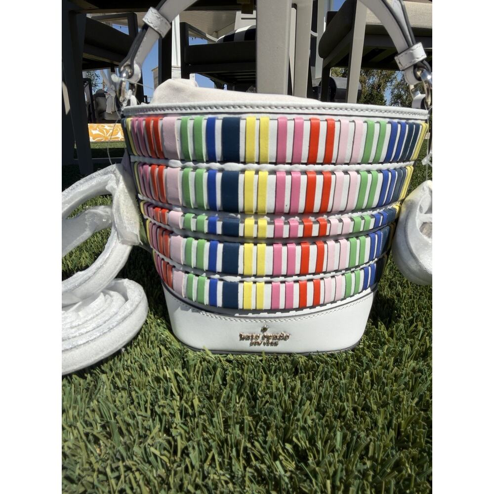 Kate Spade Pippa Woven Multi Small White Blue Pink Yellow Bucket Bag NEW!!